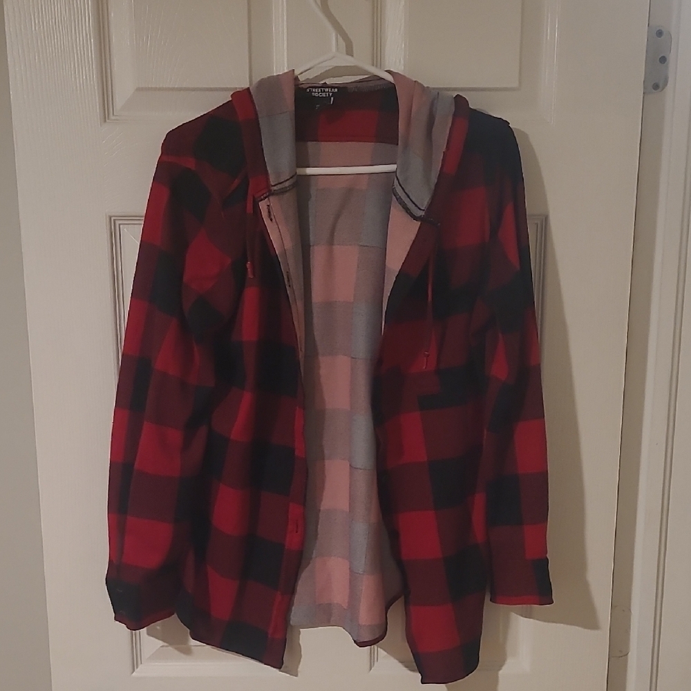 Red and Black Plaid Jacket with Hood
